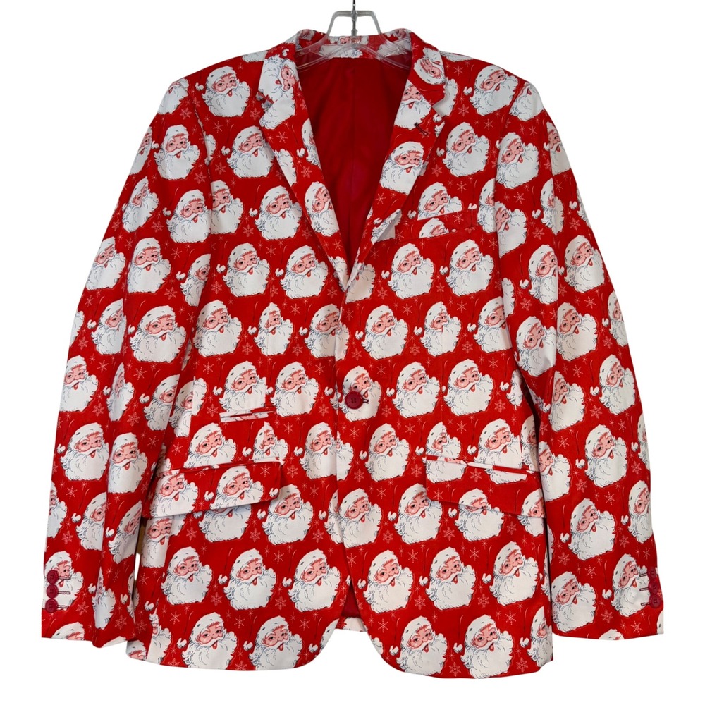 Suslo Couture Mens Red Santa Claus Print Slim Fit Blazer Jacket Size L 42 Kitsch